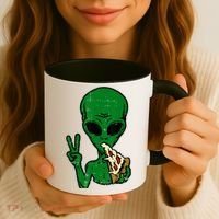 Funny Green Alien Eat Pizza Say Hi Aliens Picture Coffee Mug thumb 3