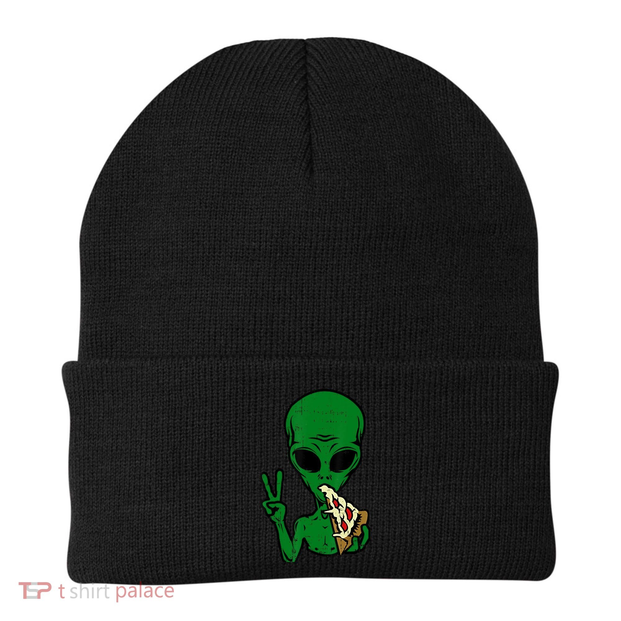 Funny Green Alien Eat Pizza Say Hi Aliens Picture Beanie