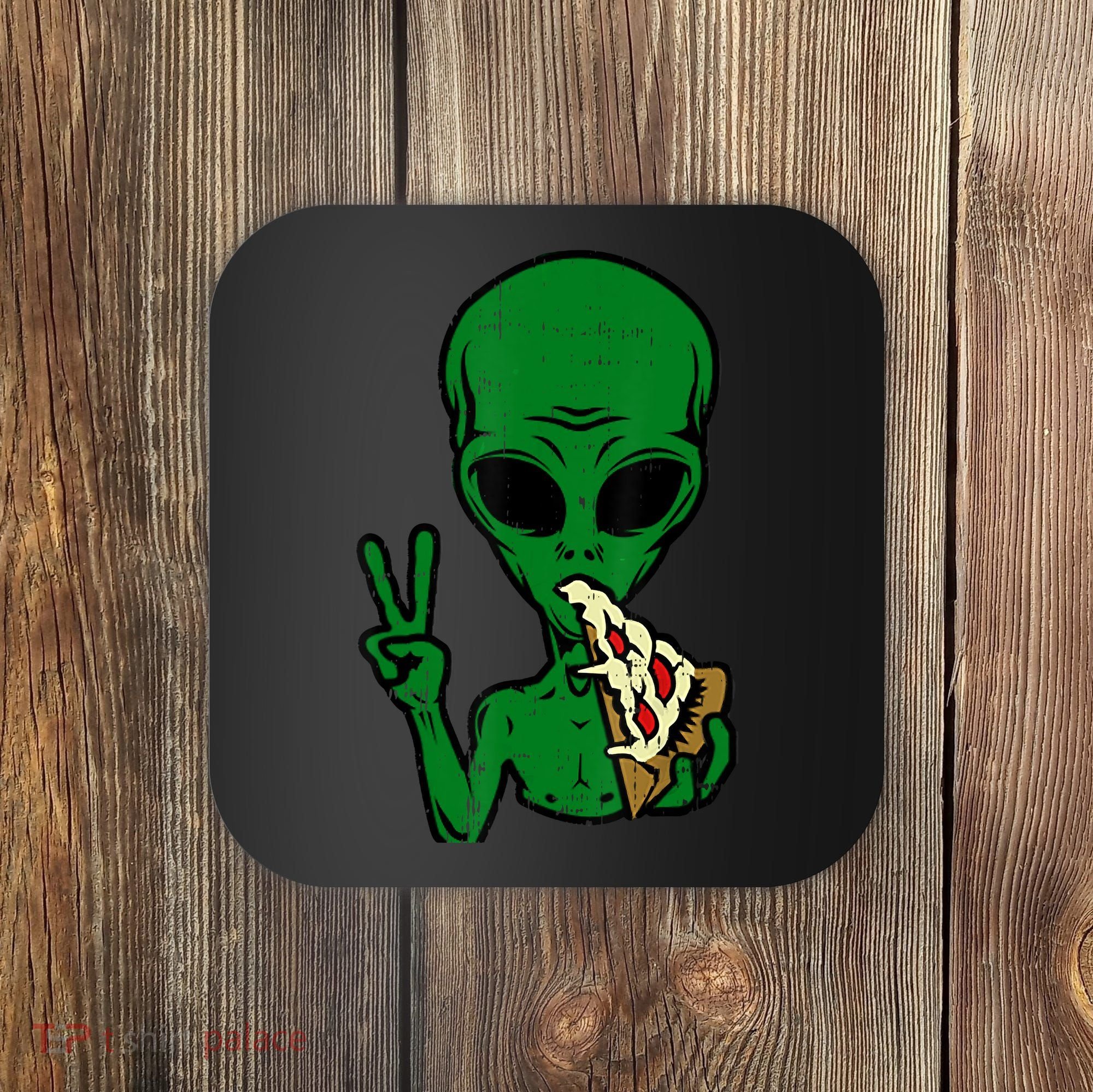 Funny Green Alien Eat Pizza Say Hi Aliens Picture Coaster