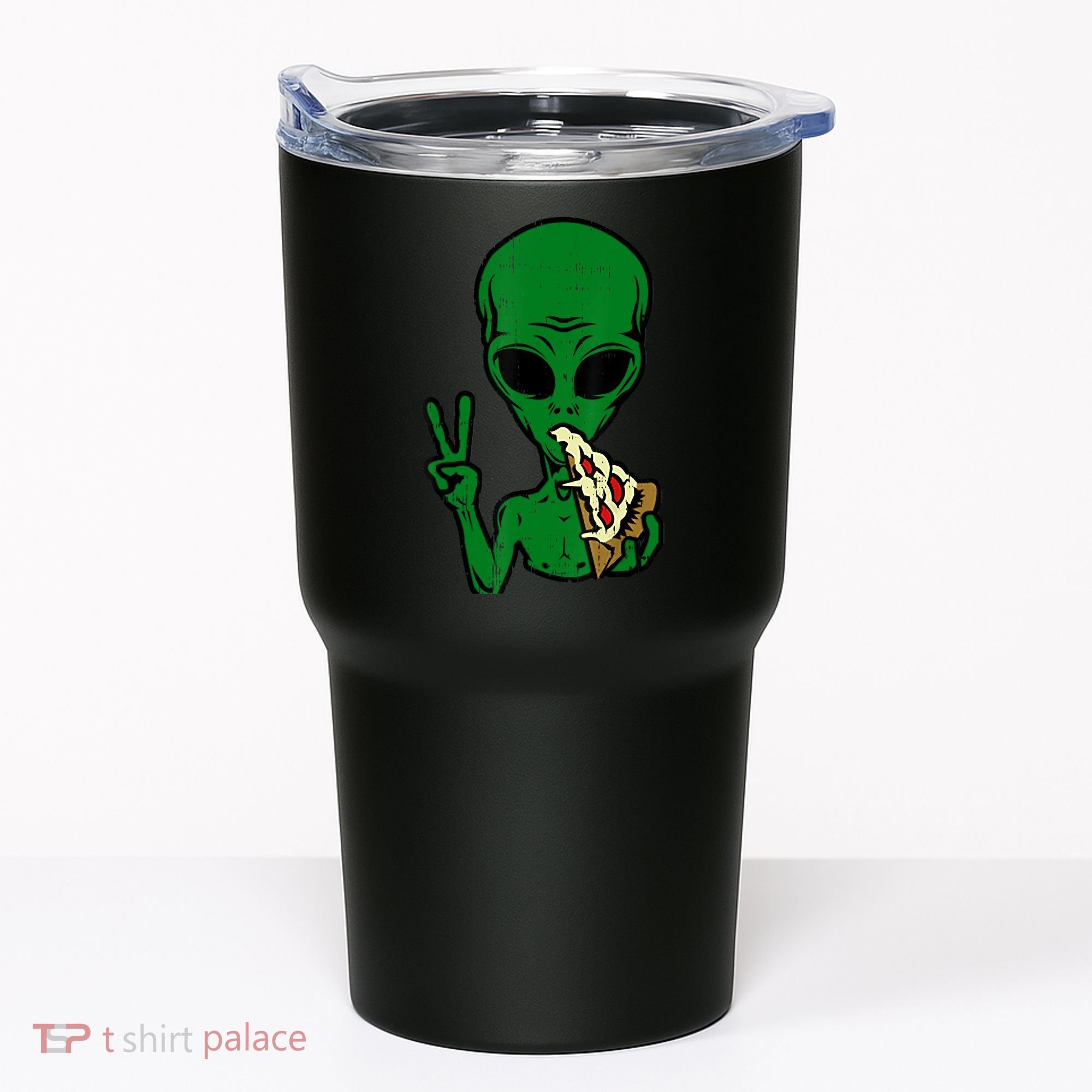 Funny Green Alien Eat Pizza Say Hi Aliens Picture Tumbler