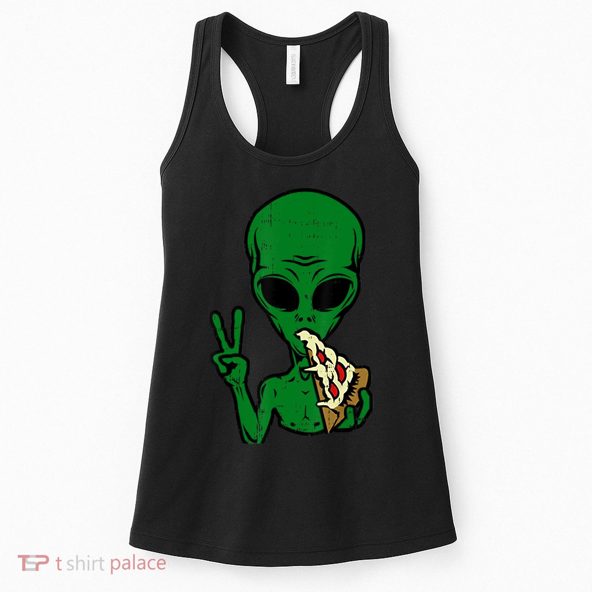 Funny Green Alien Eat Pizza Say Hi Aliens Picture Women's Tank Top