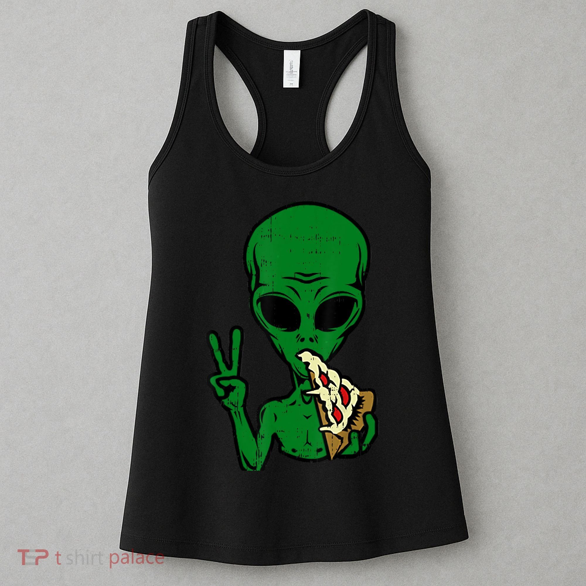Funny Green Alien Eat Pizza Say Hi Aliens Picture Women's Tank Top