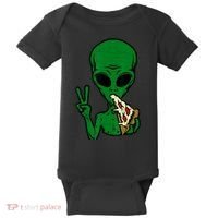 Funny Green Alien Eat Pizza Say Hi Aliens Picture Baby Bodysuit thumb 0