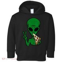 Funny Green Alien Eat Pizza Say Hi Aliens Picture Toddler Hoodie thumb 0