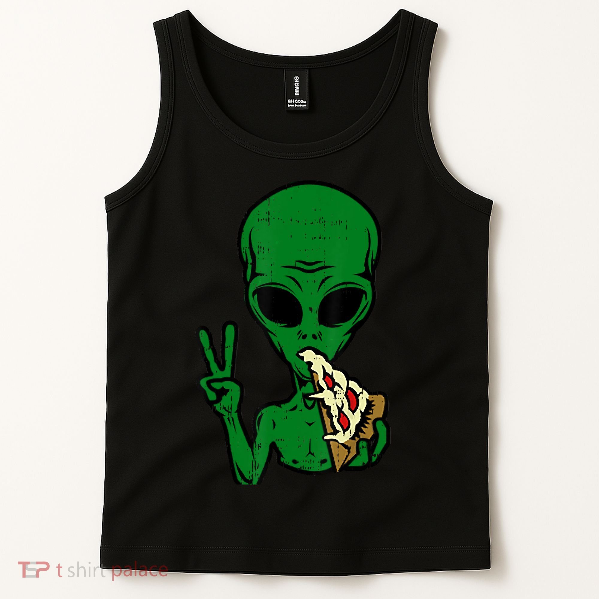 Funny Green Alien Eat Pizza Say Hi Aliens Picture Tank Top
