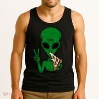 Funny Green Alien Eat Pizza Say Hi Aliens Picture Tank Top thumb 3