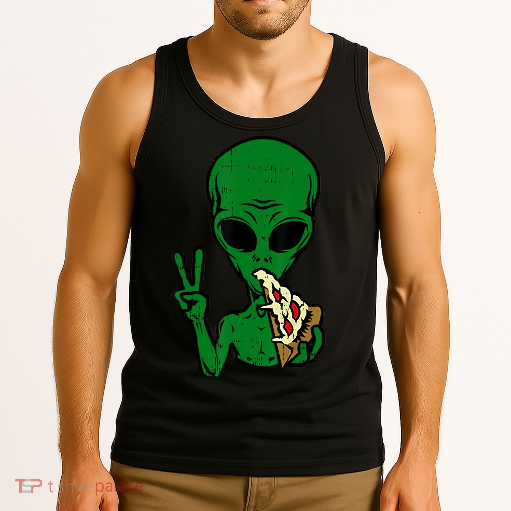Funny Green Alien Eat Pizza Say Hi Aliens Picture Tank Top