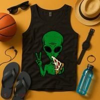 Funny Green Alien Eat Pizza Say Hi Aliens Picture Tank Top thumb 4