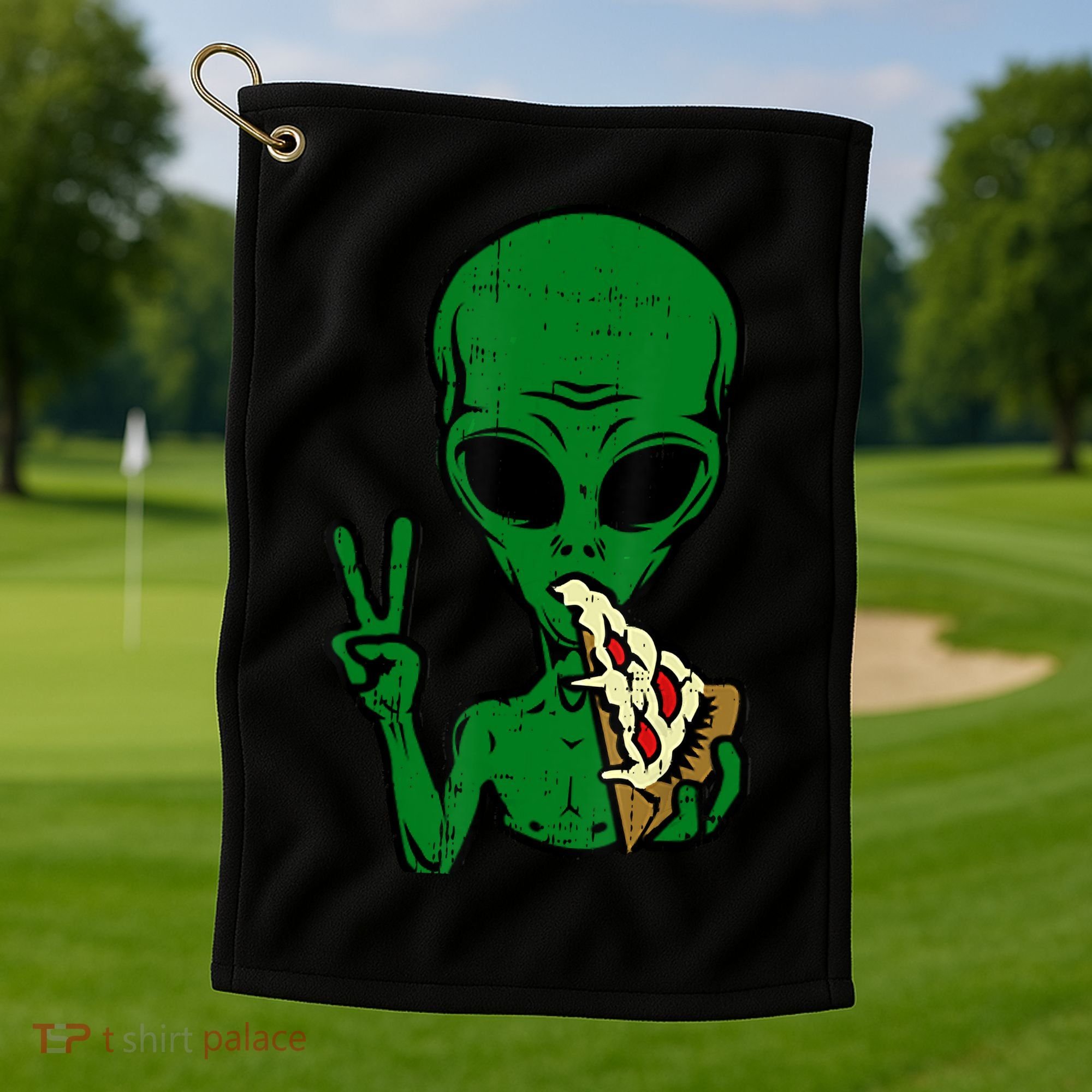 Funny Green Alien Eat Pizza Say Hi Aliens Picture Golf Towel
