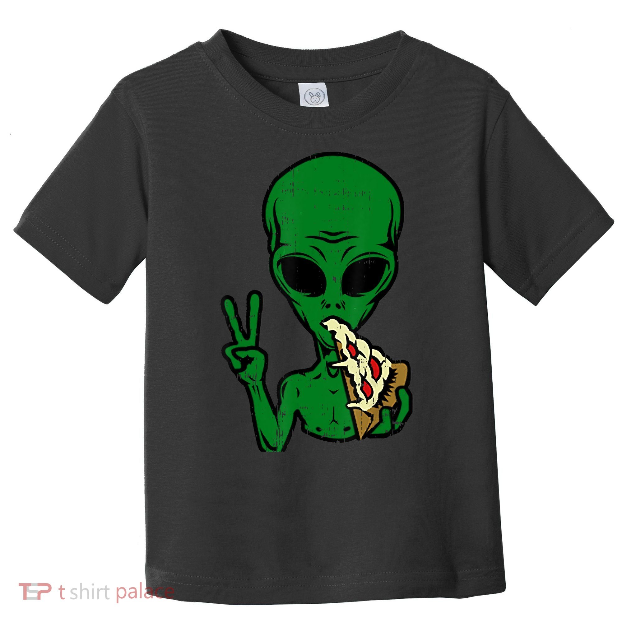 Funny Green Alien Eat Pizza Say Hi Aliens Picture Toddler T-Shirt
