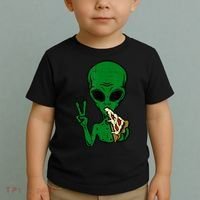 Funny Green Alien Eat Pizza Say Hi Aliens Picture Toddler T-Shirt thumb 2