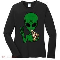 Funny Green Alien Eat Pizza Say Hi Aliens Picture Women's Long Sleeve Shirt thumb 0