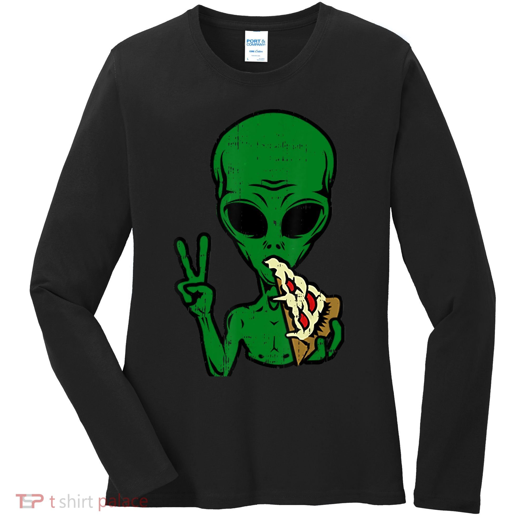 Funny Green Alien Eat Pizza Say Hi Aliens Picture Women's Long Sleeve Shirt