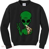 Funny Green Alien Eat Pizza Say Hi Aliens Picture Kids Sweatshirt thumb 0