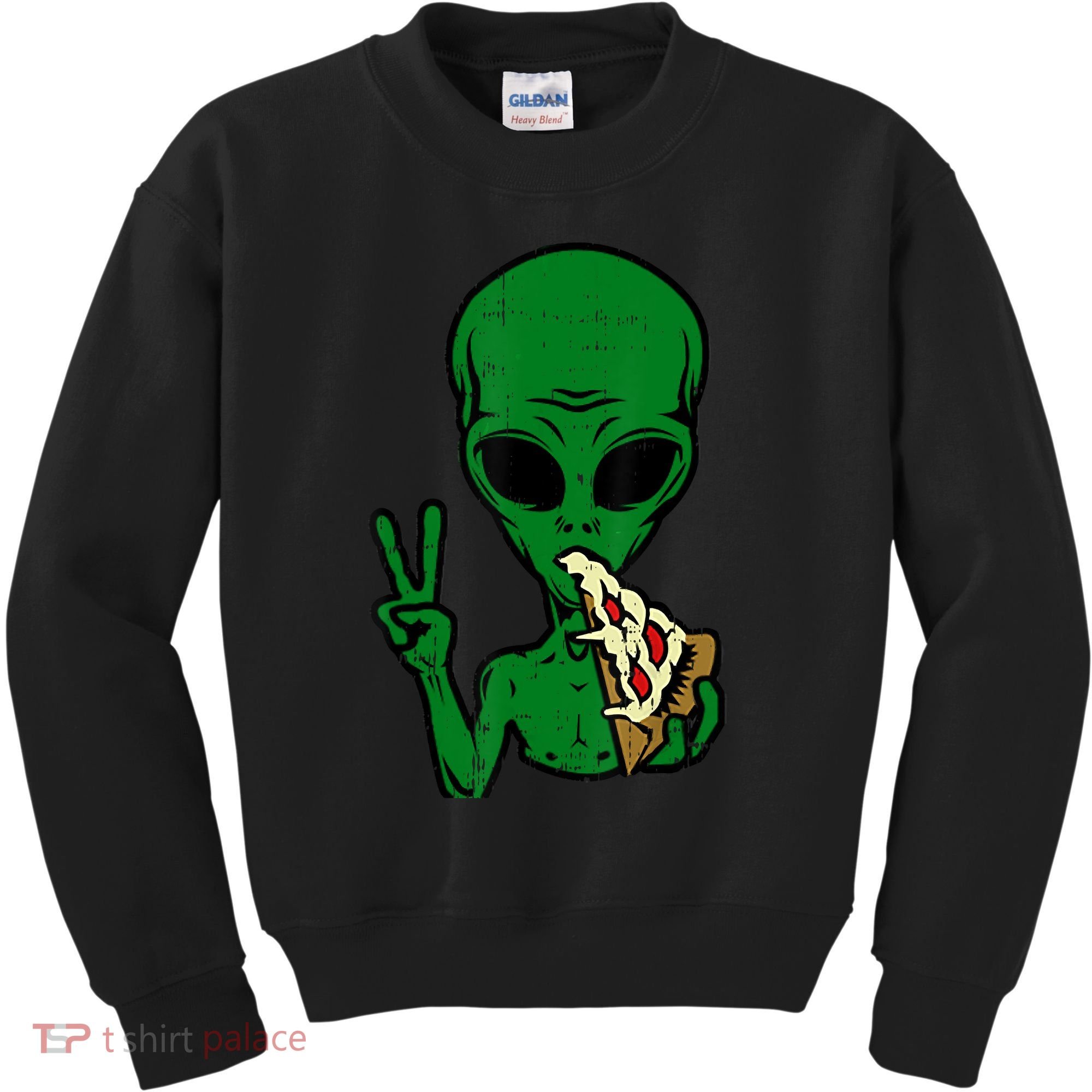 Funny Green Alien Eat Pizza Say Hi Aliens Picture Kids Sweatshirt