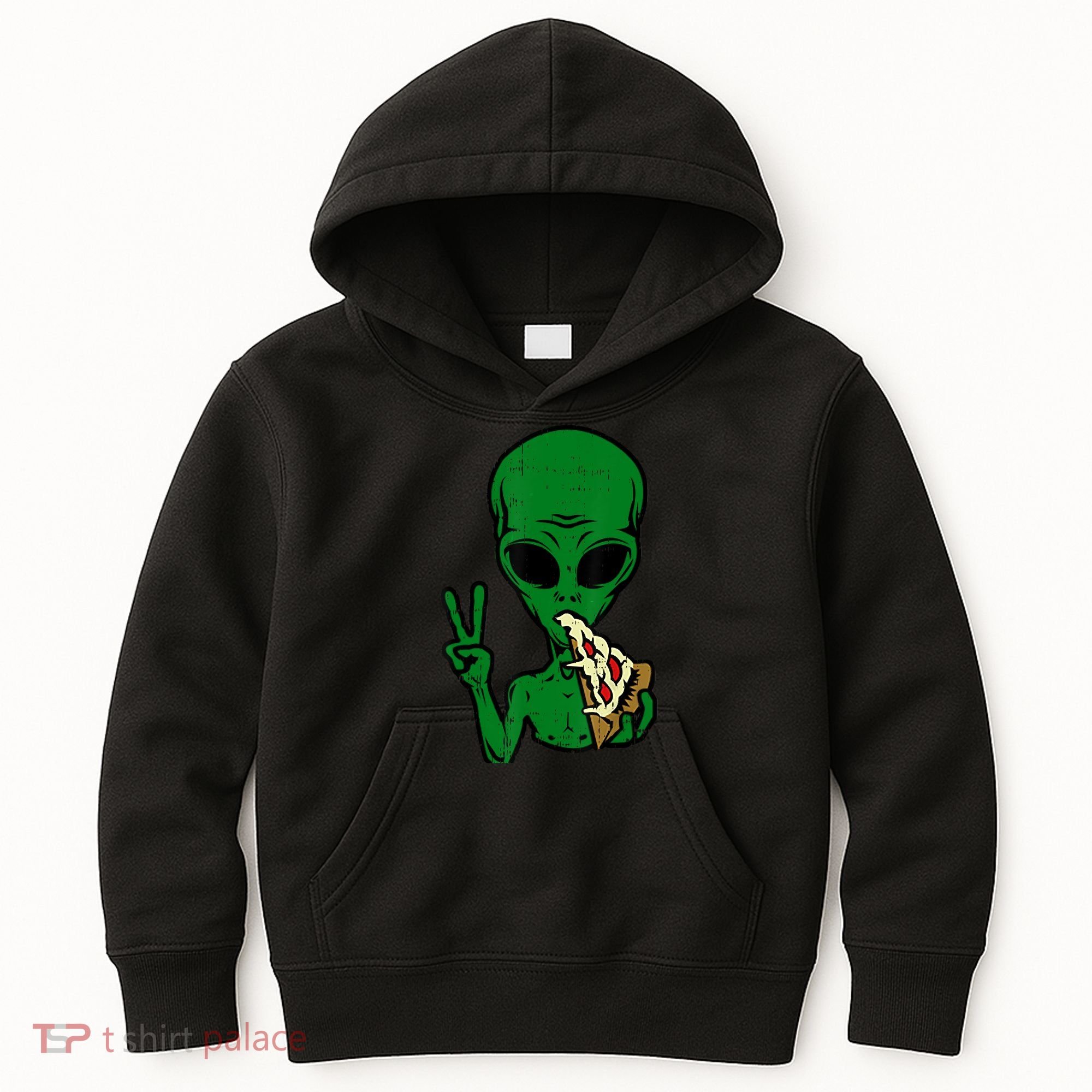 Funny Green Alien Eat Pizza Say Hi Aliens Picture Kids Hoodie