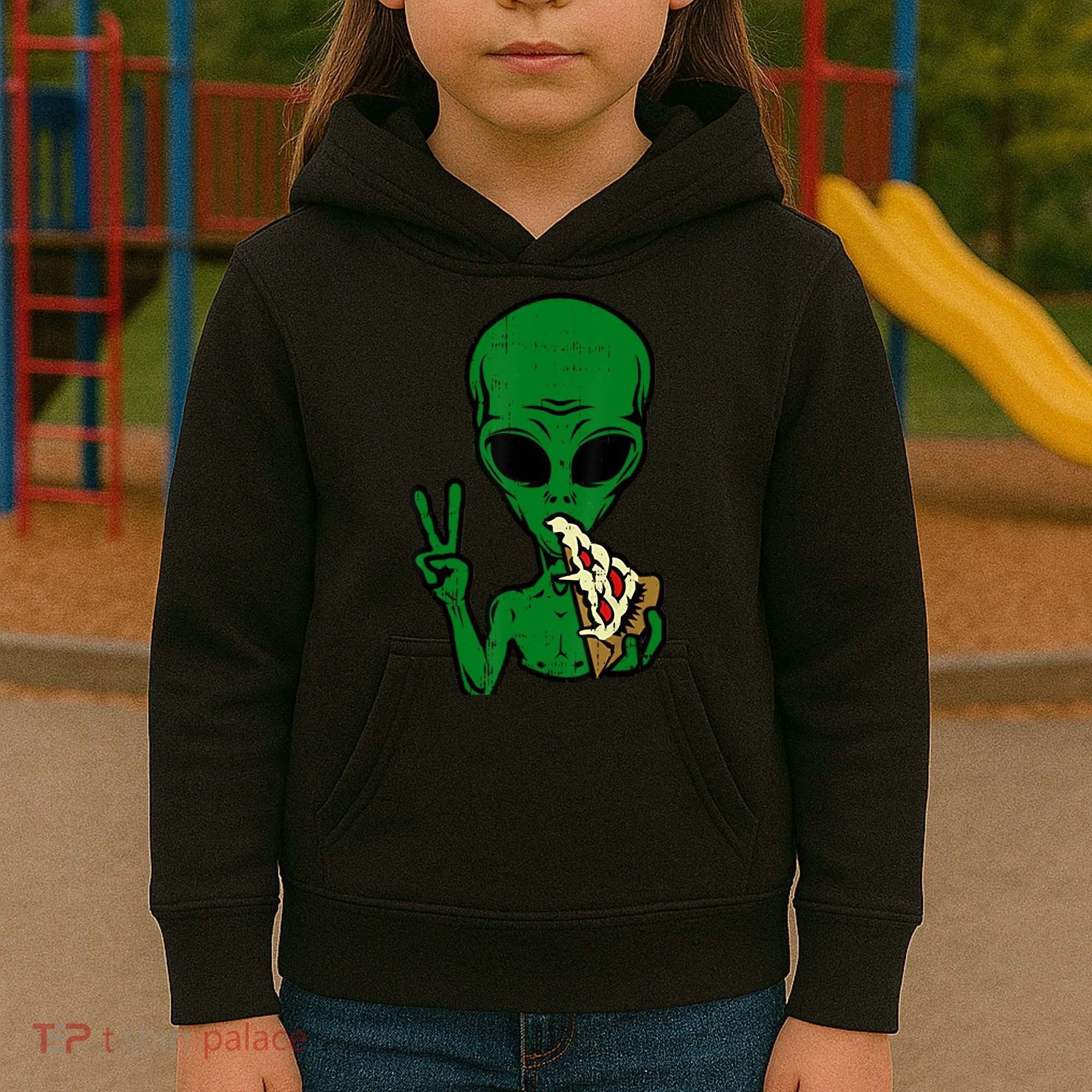 Funny Green Alien Eat Pizza Say Hi Aliens Picture Kids Hoodie