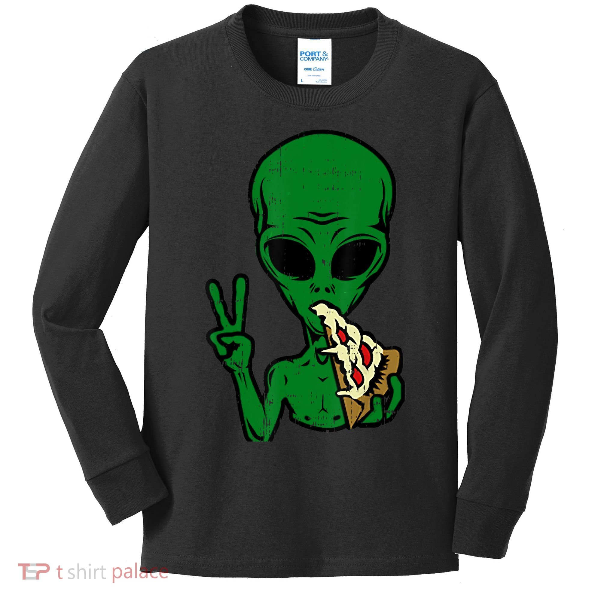 Funny Green Alien Eat Pizza Say Hi Aliens Picture Kids Long Sleeve Shirt