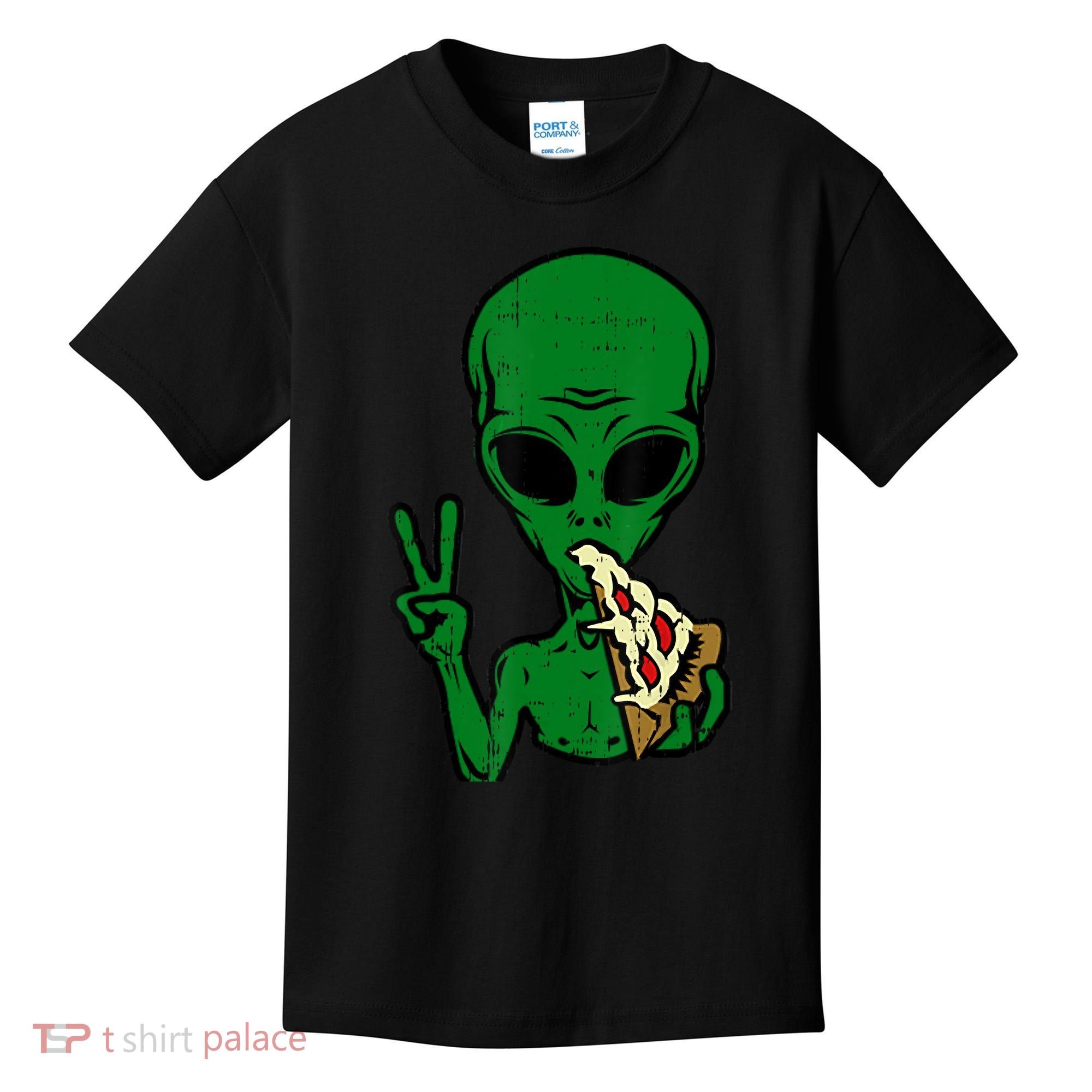 Funny Green Alien Eat Pizza Say Hi Aliens Picture Kids T-Shirt