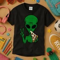 Funny Green Alien Eat Pizza Say Hi Aliens Picture Kids T-Shirt thumb 3
