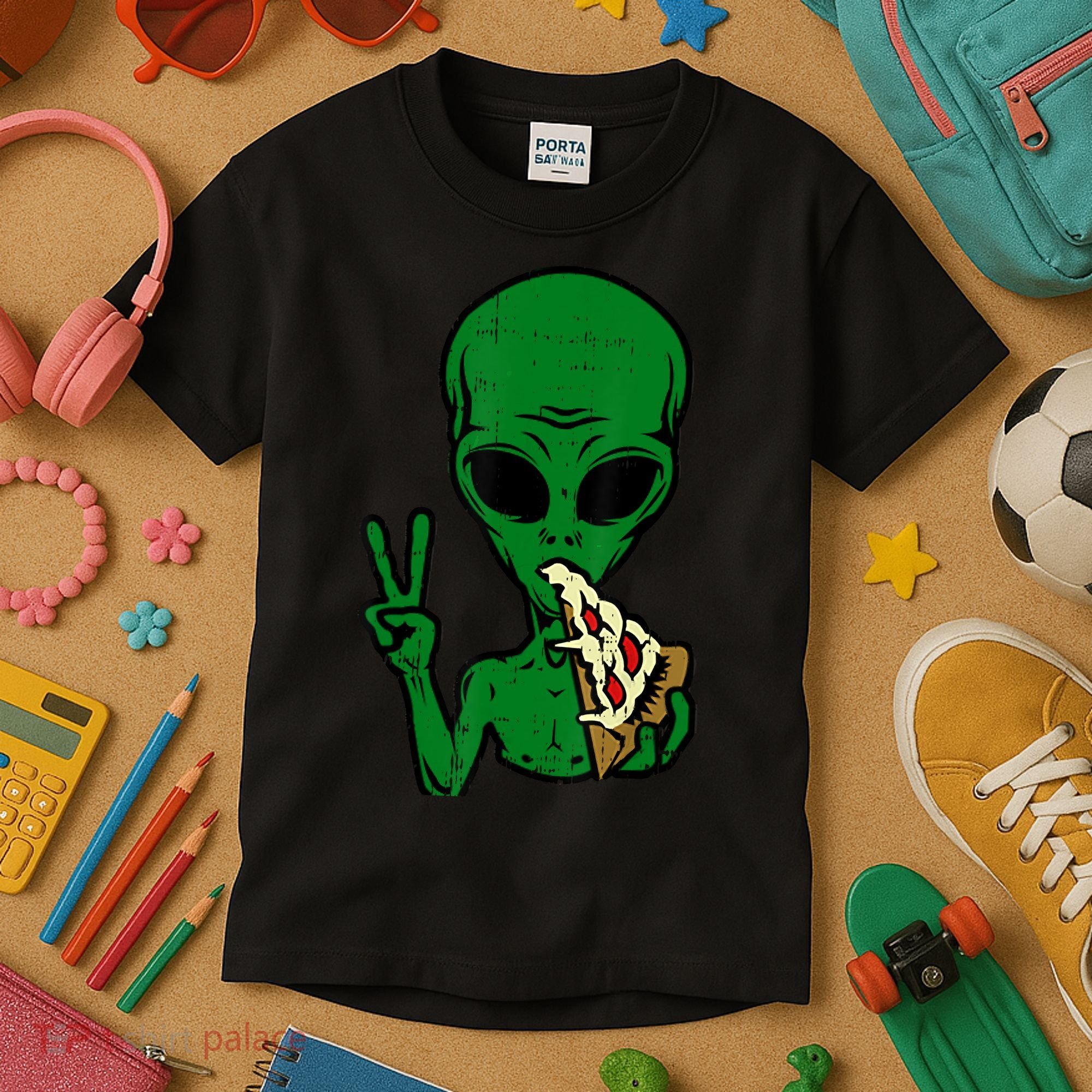 Funny Green Alien Eat Pizza Say Hi Aliens Picture Kids T-Shirt