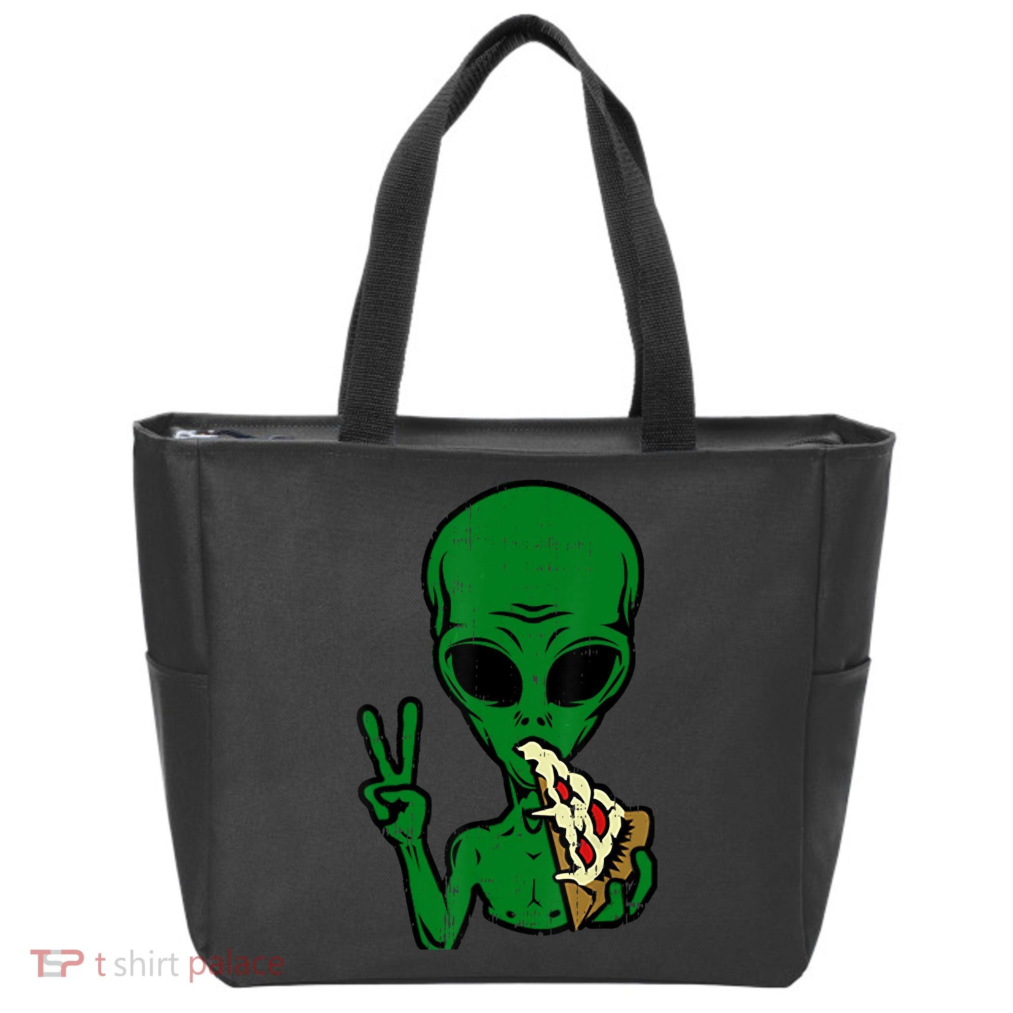 Funny Green Alien Eat Pizza Say Hi Aliens Picture Tote Bag