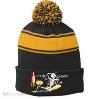 Funny Greek Be Cheerful Enjoy Your Life Skeleton Stripe Pom Pom Beanie thumb 0