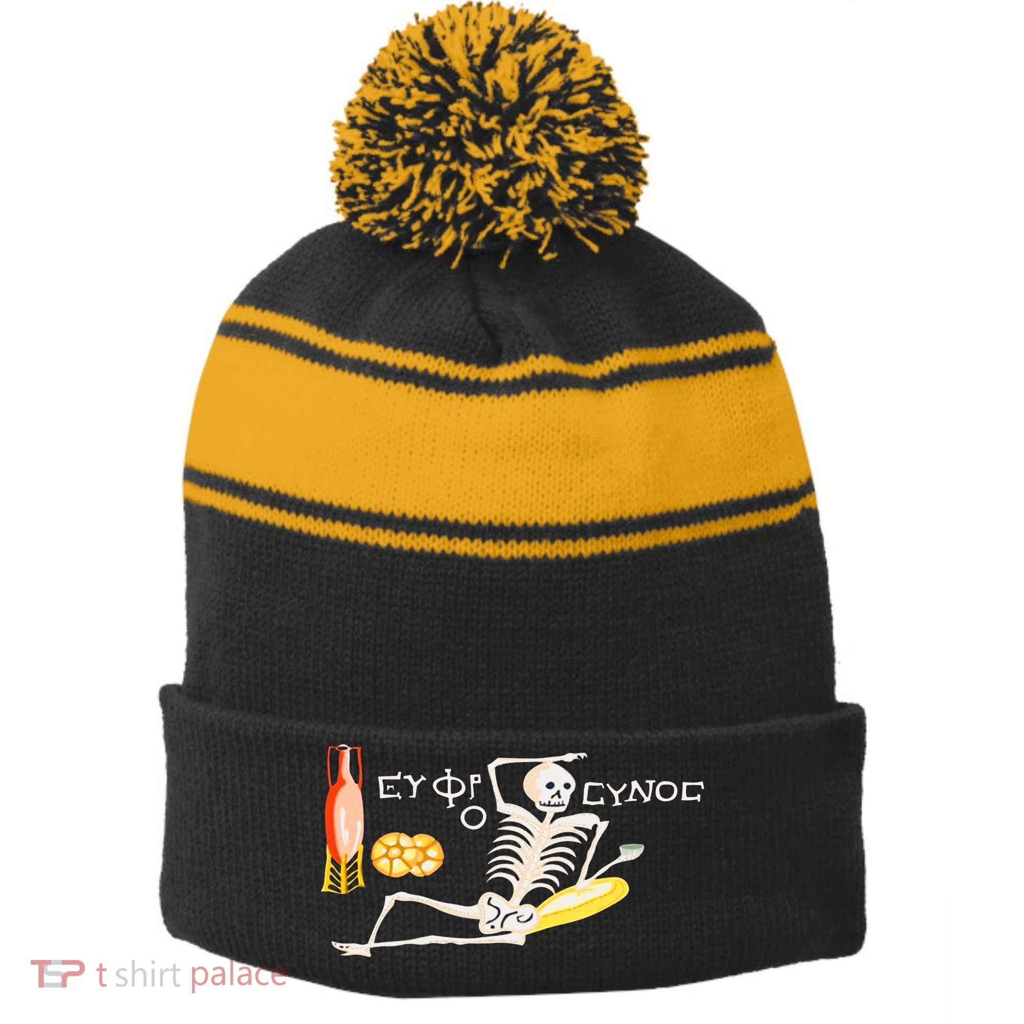 Funny Greek Be Cheerful Enjoy Your Life Skeleton Stripe Pom Pom Beanie