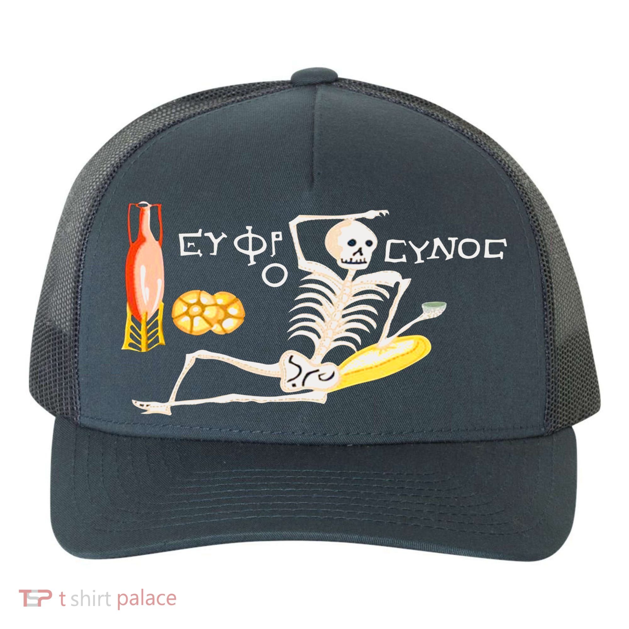 Funny Greek Be Cheerful Enjoy Your Life Skeleton Yupoong Adult 5-Panel Trucker Hat