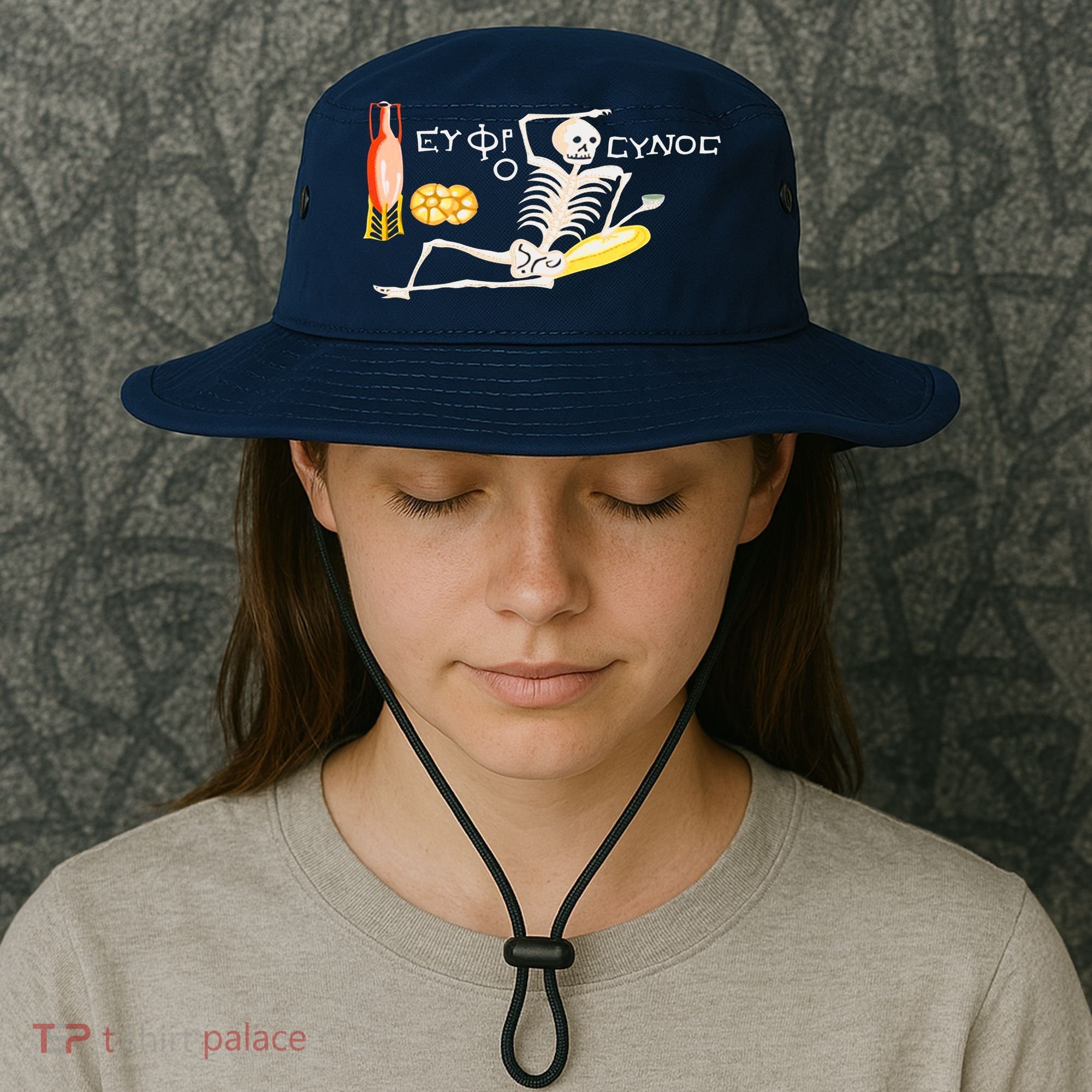 Funny Greek Be Cheerful Enjoy Your Life Skeleton Bucket Hat