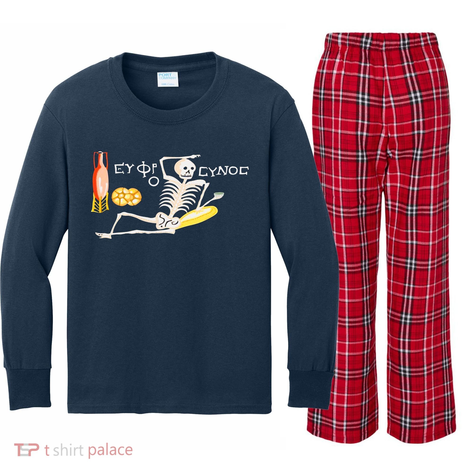 Funny Greek Be Cheerful Enjoy Your Life Skeleton Kids Long Sleeve Plaid Pajama Set