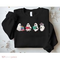 Funny Ghost Book Reading Halloween Books Lover Teacher Sweatshirt thumb 2