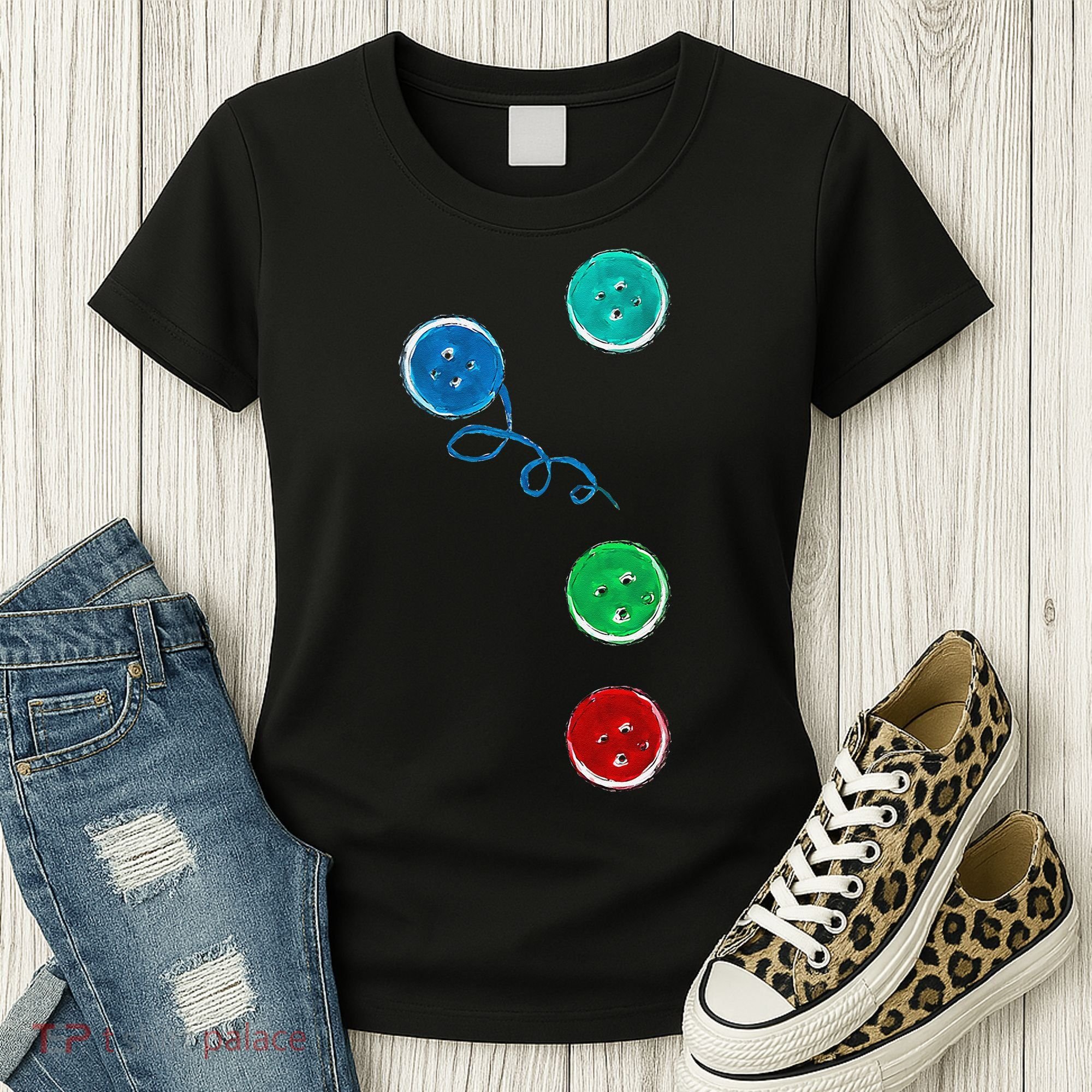 Four Groovy Buttons Blue Cat Funny Halloween Women's T-Shirt
