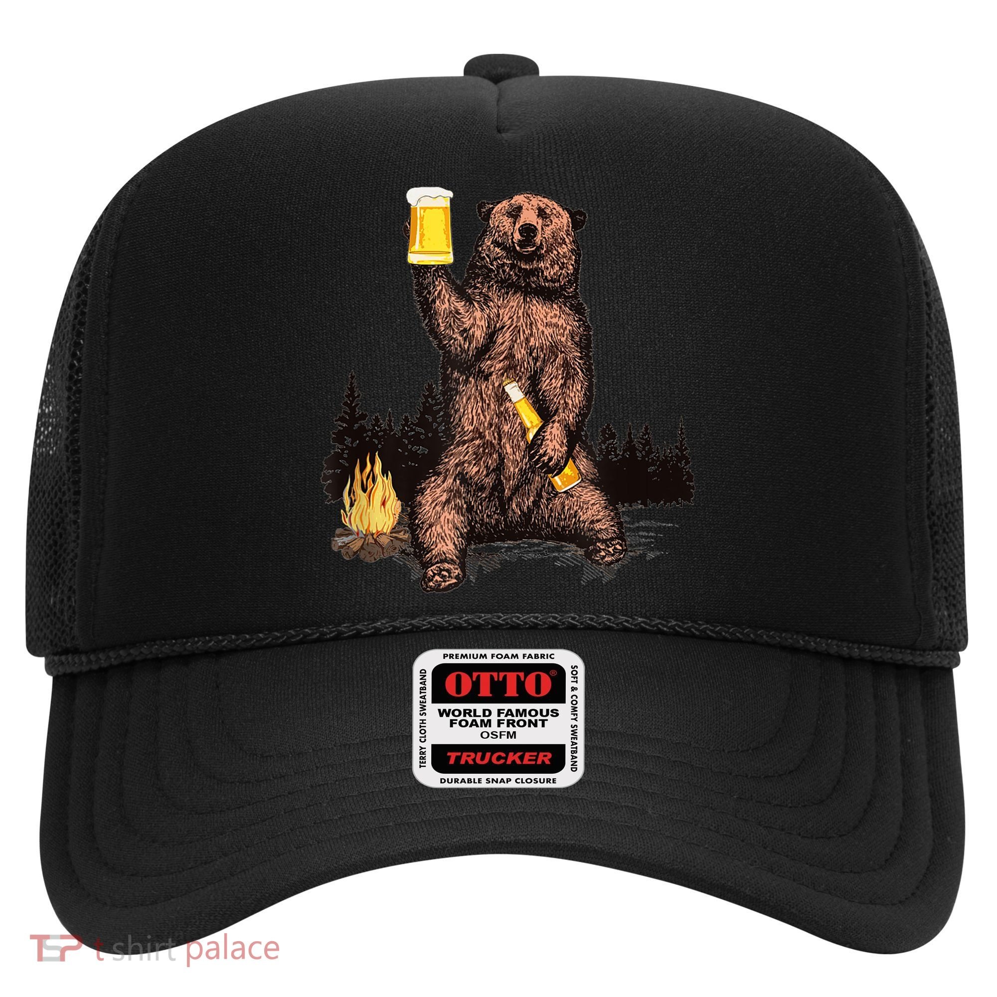 Funny Grizzly Bear Drinking Beer Camp Fire Woods Outdoor Gift Hat