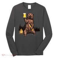 Funny Grizzly Bear Drinking Beer Camp Fire Woods Outdoor Gift Long Sleeve Shirt thumb 0