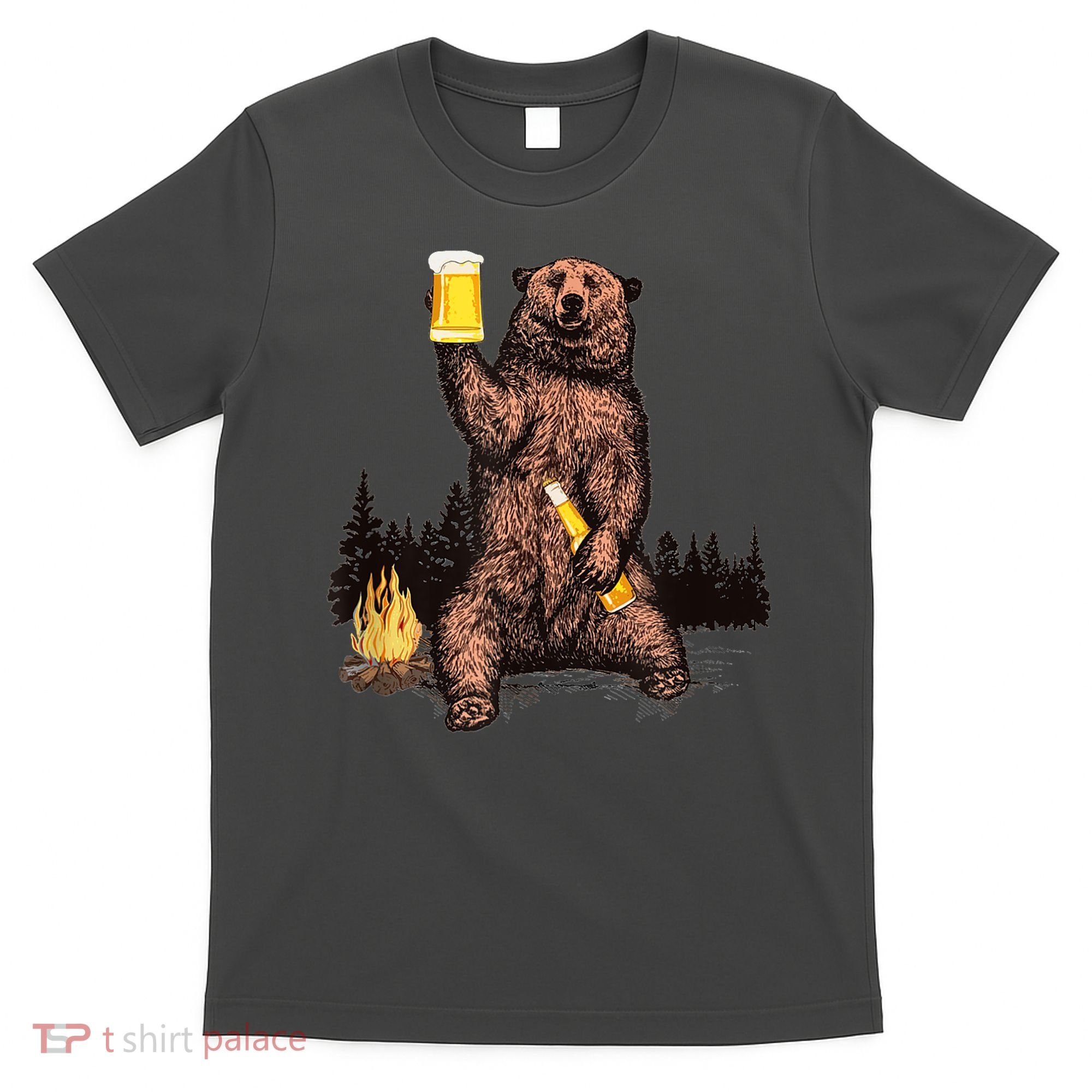 Funny Grizzly Bear Drinking Beer Camp Fire Woods Outdoor Gift T-Shirt