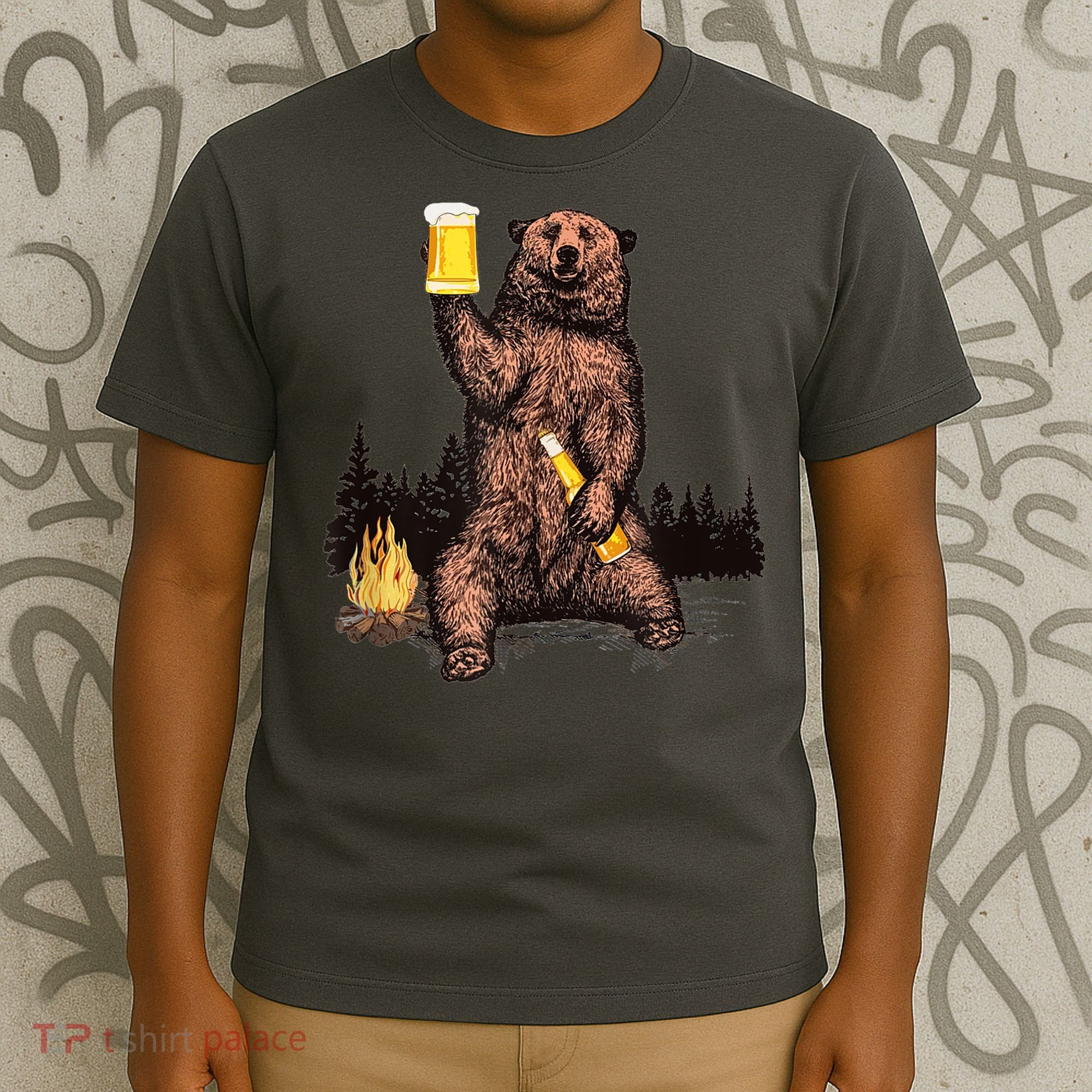 Funny Grizzly Bear Drinking Beer Camp Fire Woods Outdoor Gift T-Shirt