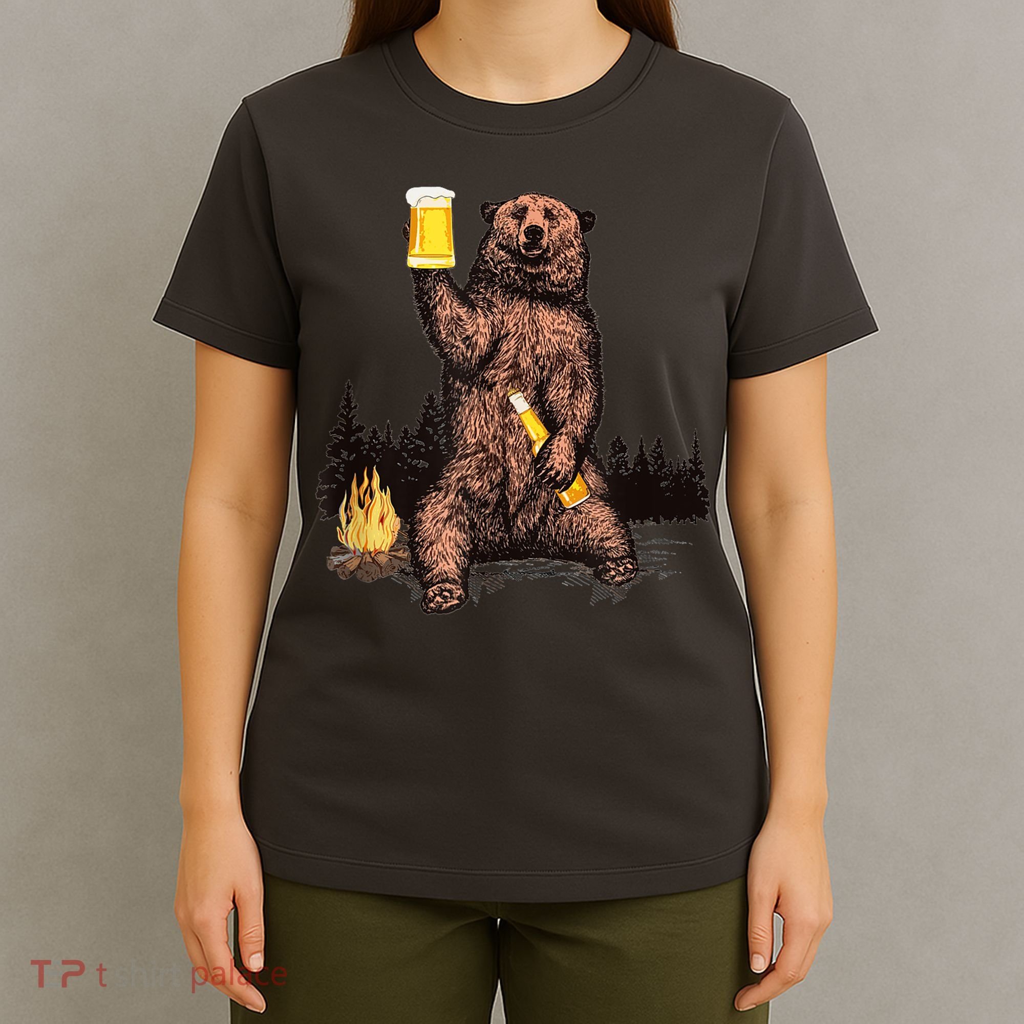 Funny Grizzly Bear Drinking Beer Camp Fire Woods Outdoor Gift T-Shirt