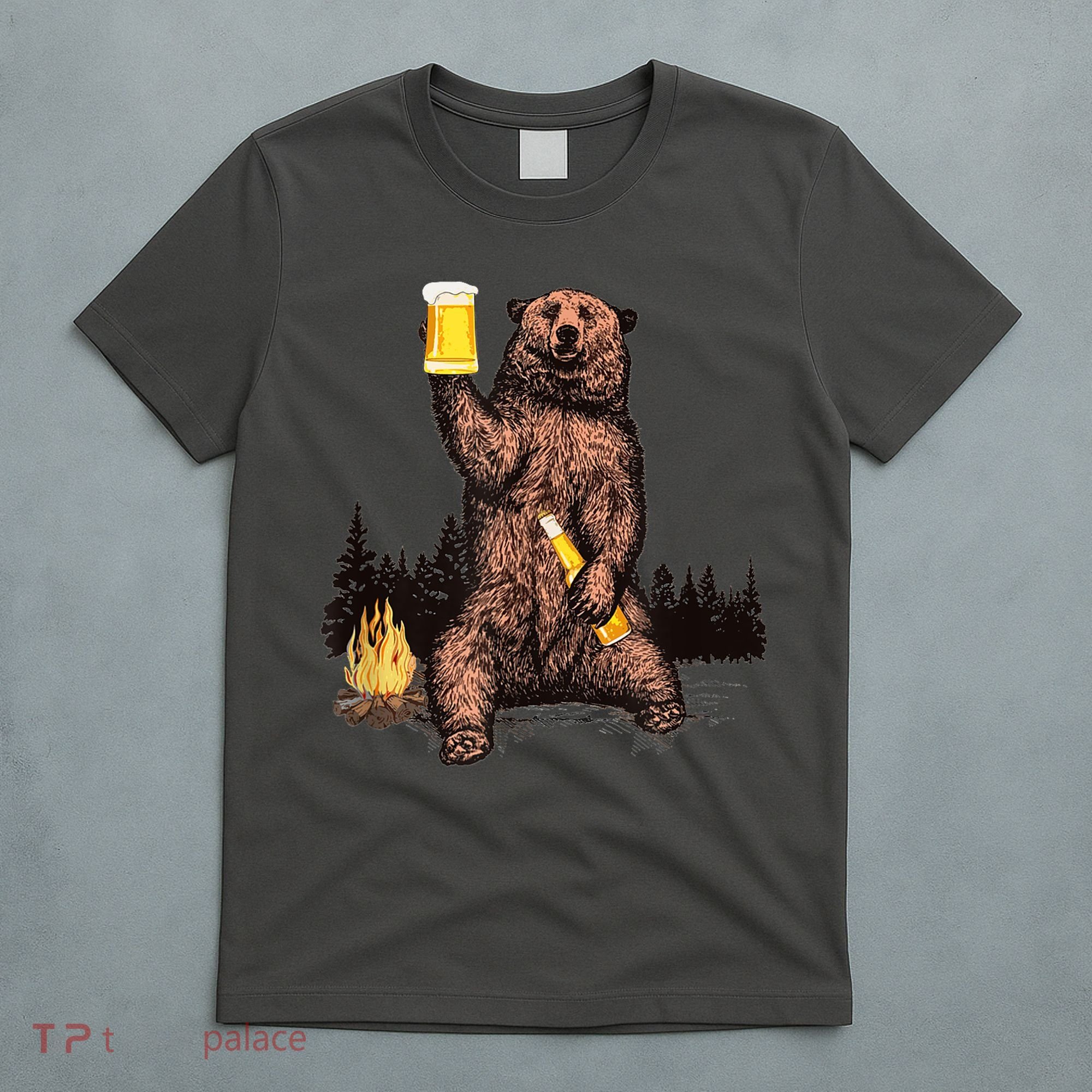 Funny Grizzly Bear Drinking Beer Camp Fire Woods Outdoor Gift T-Shirt