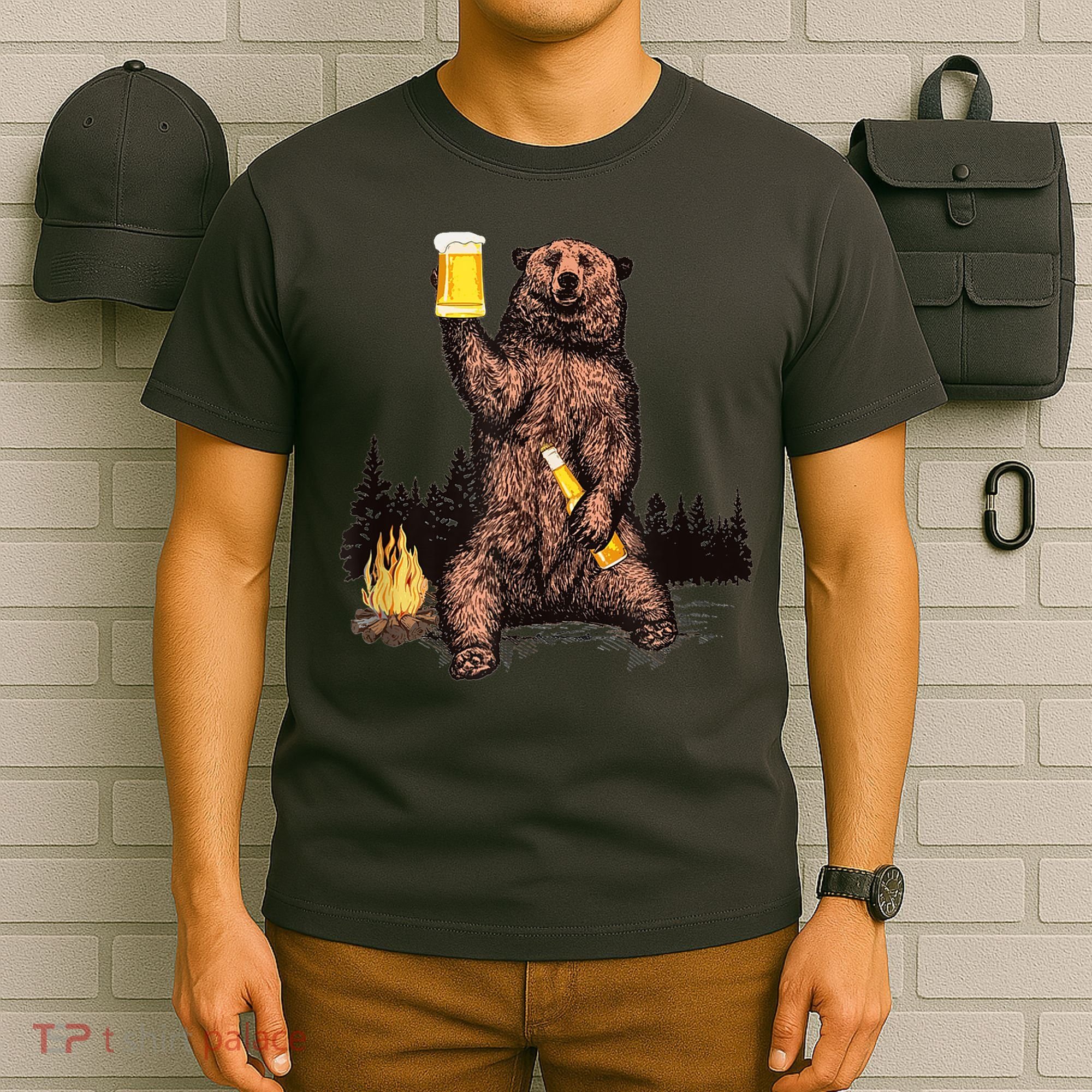 Funny Grizzly Bear Drinking Beer Camp Fire Woods Outdoor Gift T-Shirt