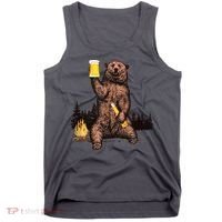 Funny Grizzly Bear Drinking Beer Camp Fire Woods Outdoor Gift Tank Top thumb 0