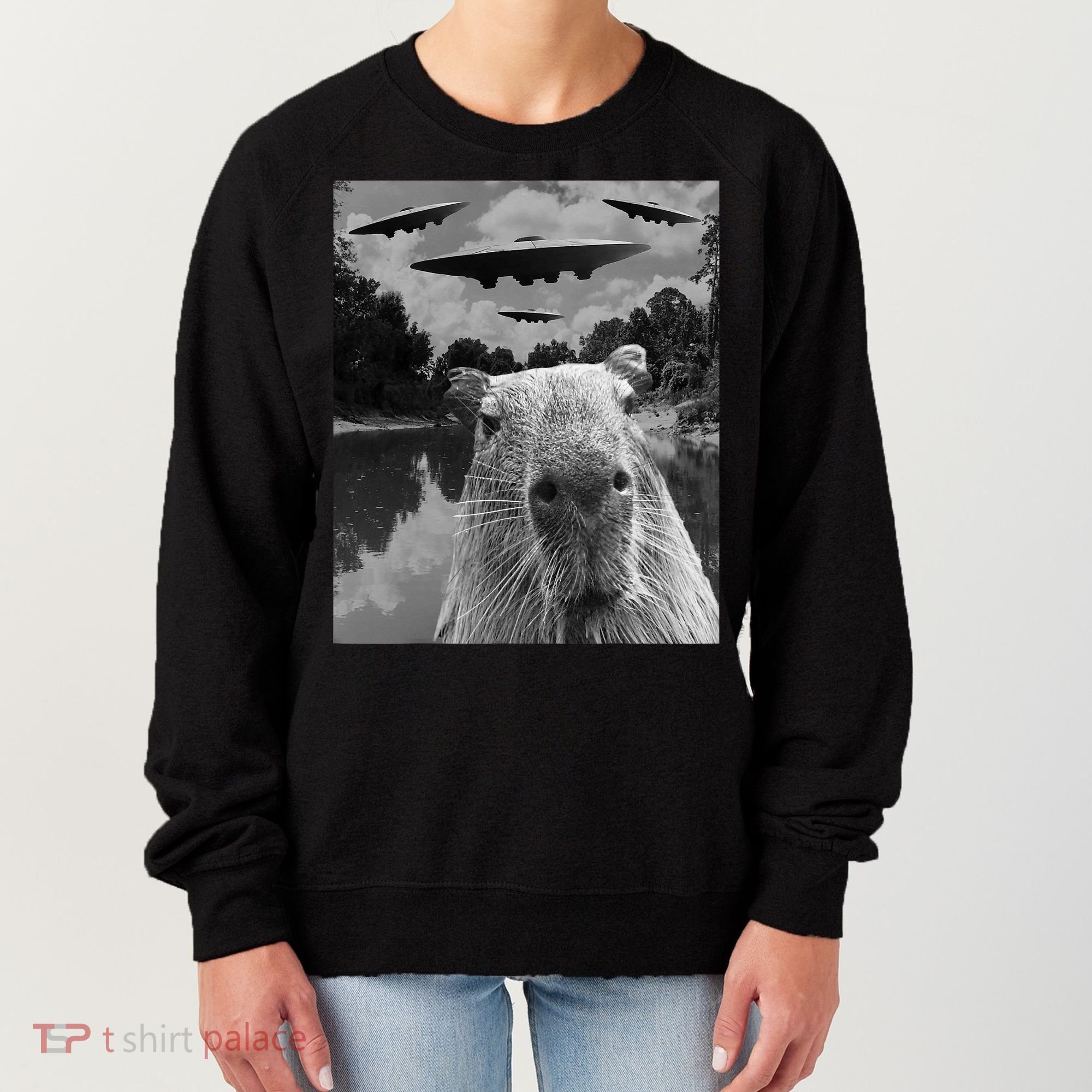 Funny Graphic Capybara Selfie With Ufos Weird Women's Sweatshirt