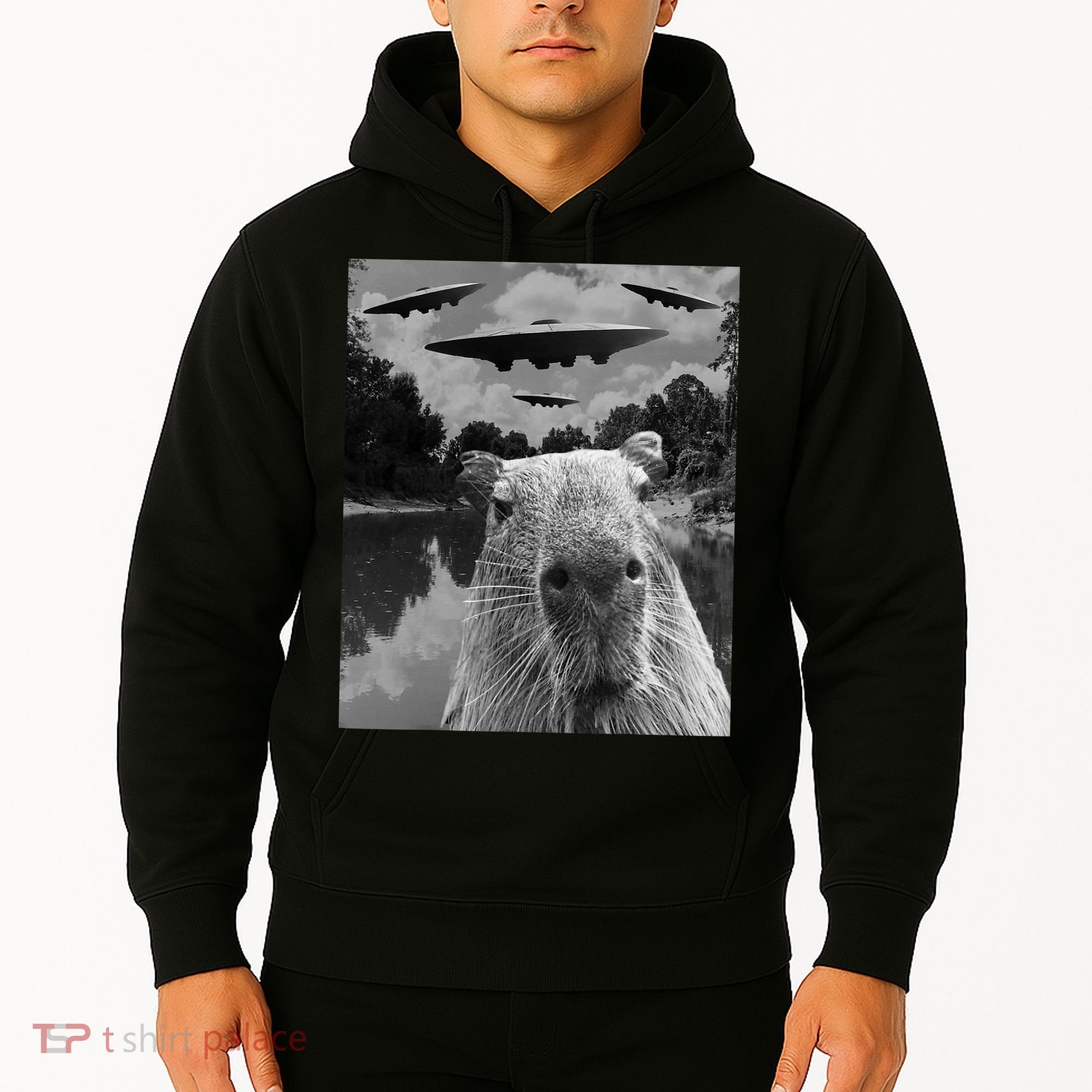 Funny Graphic Capybara Selfie With Ufos Weird Hoodie