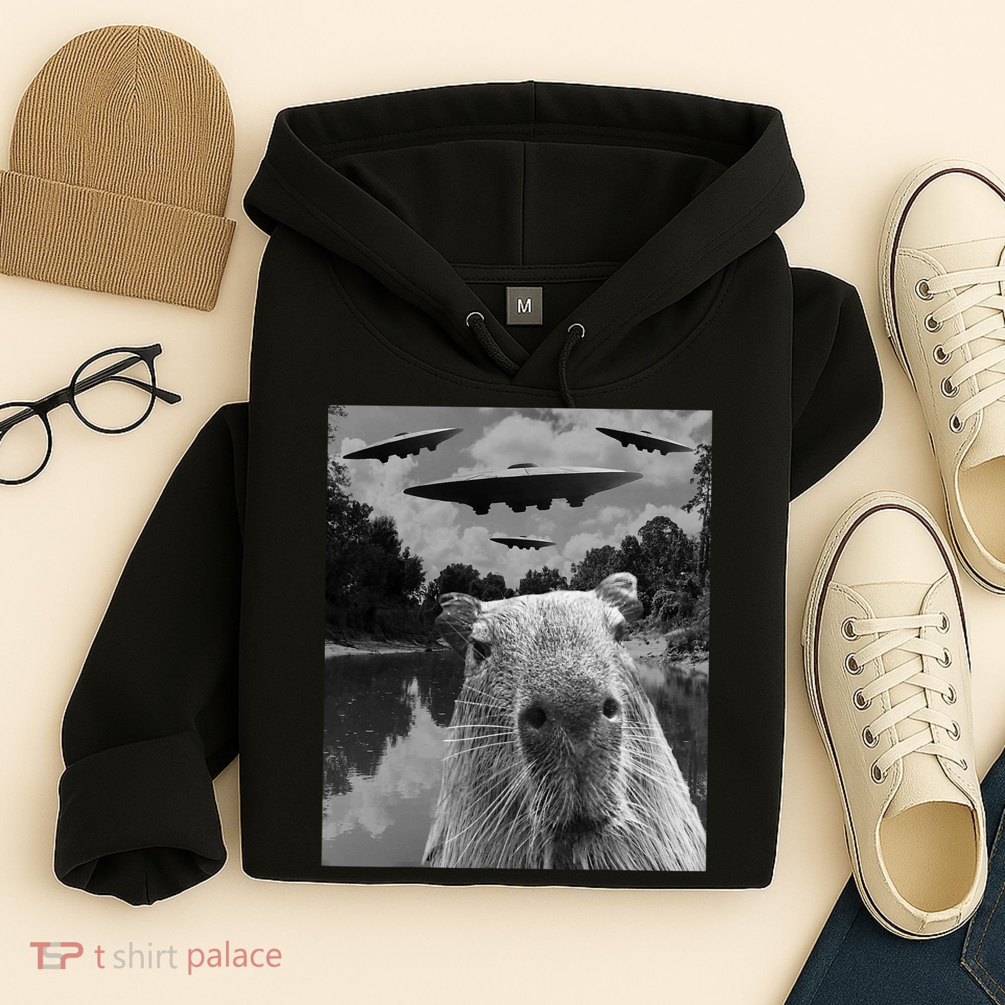 Funny Graphic Capybara Selfie With Ufos Weird Hoodie