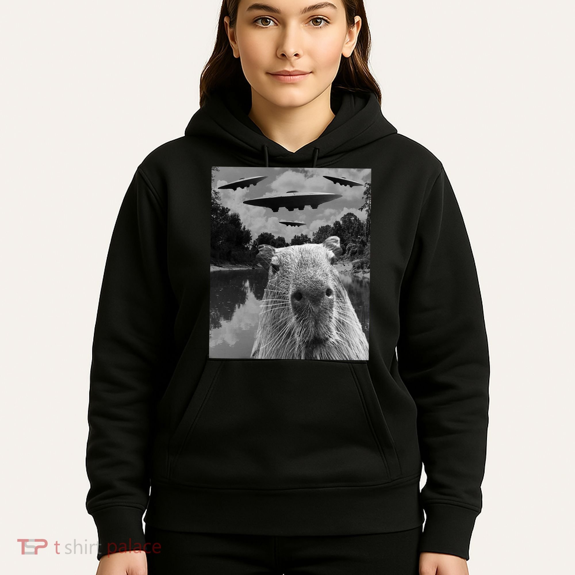 Funny Graphic Capybara Selfie With Ufos Weird Hoodie