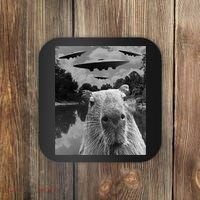 Funny Graphic Capybara Selfie With Ufos Weird Coaster thumb 0