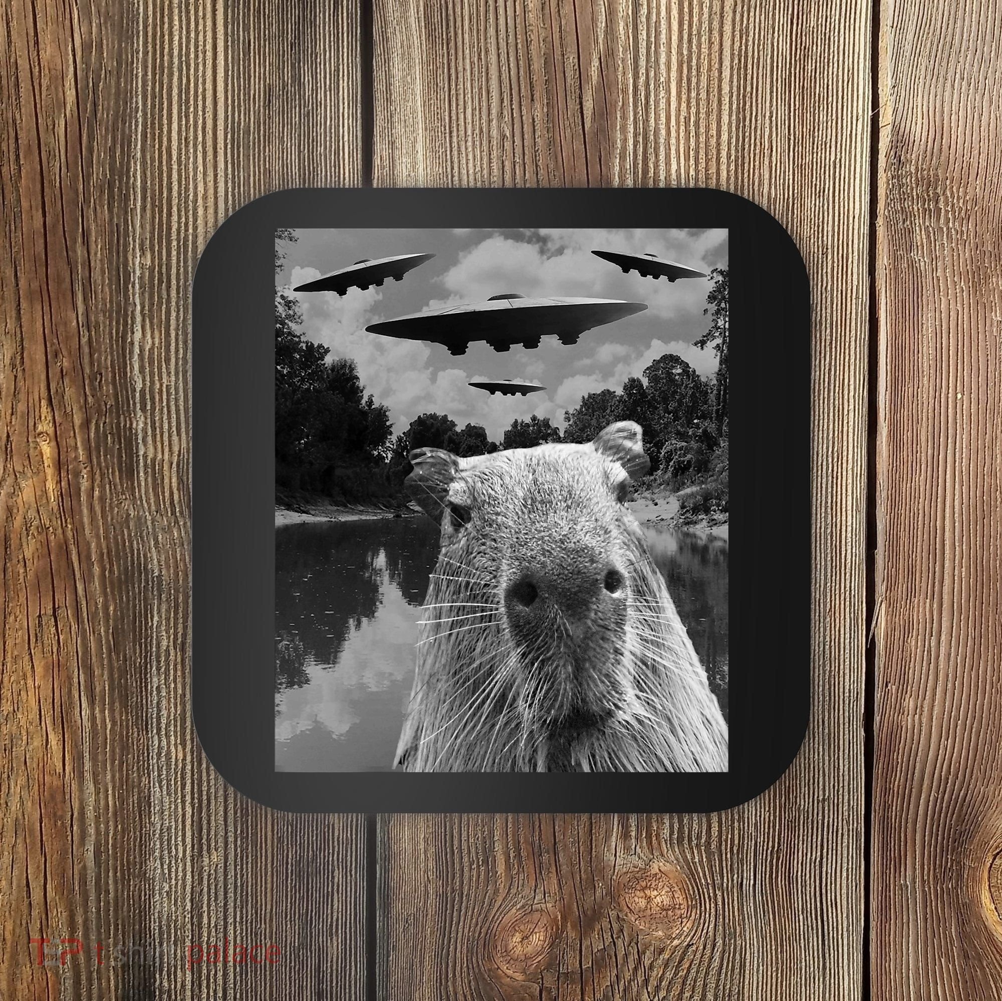 Funny Graphic Capybara Selfie With Ufos Weird Coaster