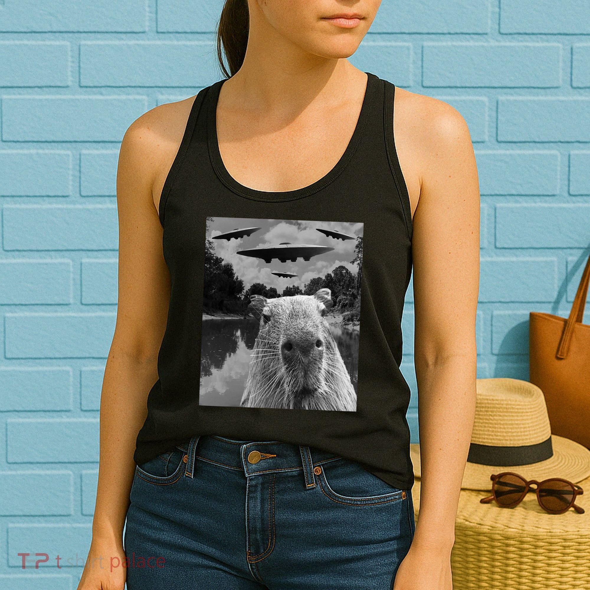 Funny Graphic Capybara Selfie With Ufos Weird Women's Tank Top