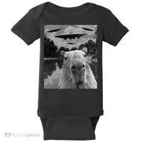 Funny Graphic Capybara Selfie With Ufos Weird Baby Bodysuit thumb 0