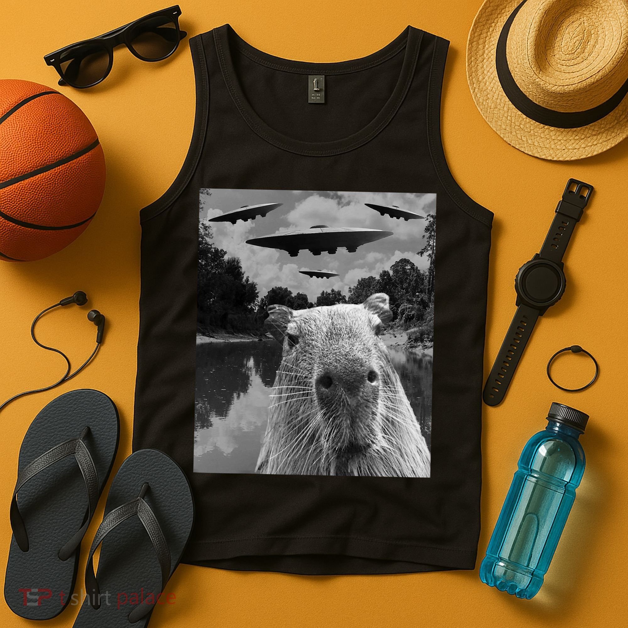 Funny Graphic Capybara Selfie With Ufos Weird Tank Top
